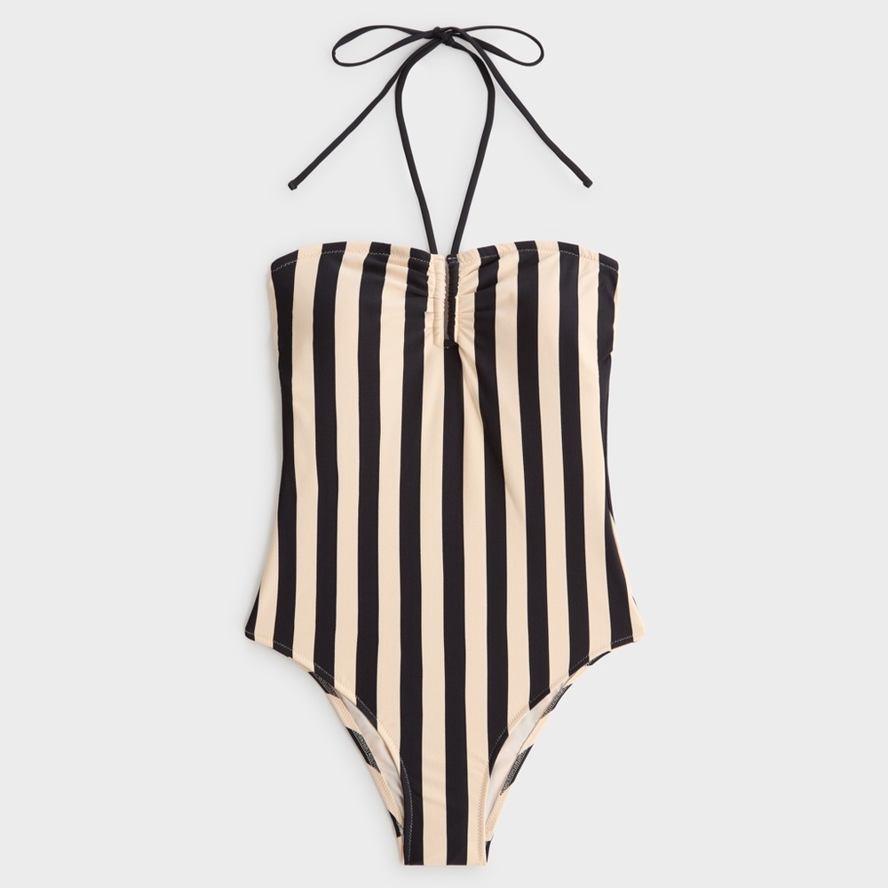 OYSHO Cream/Navy Striped Tie One-Piece Swimsuit